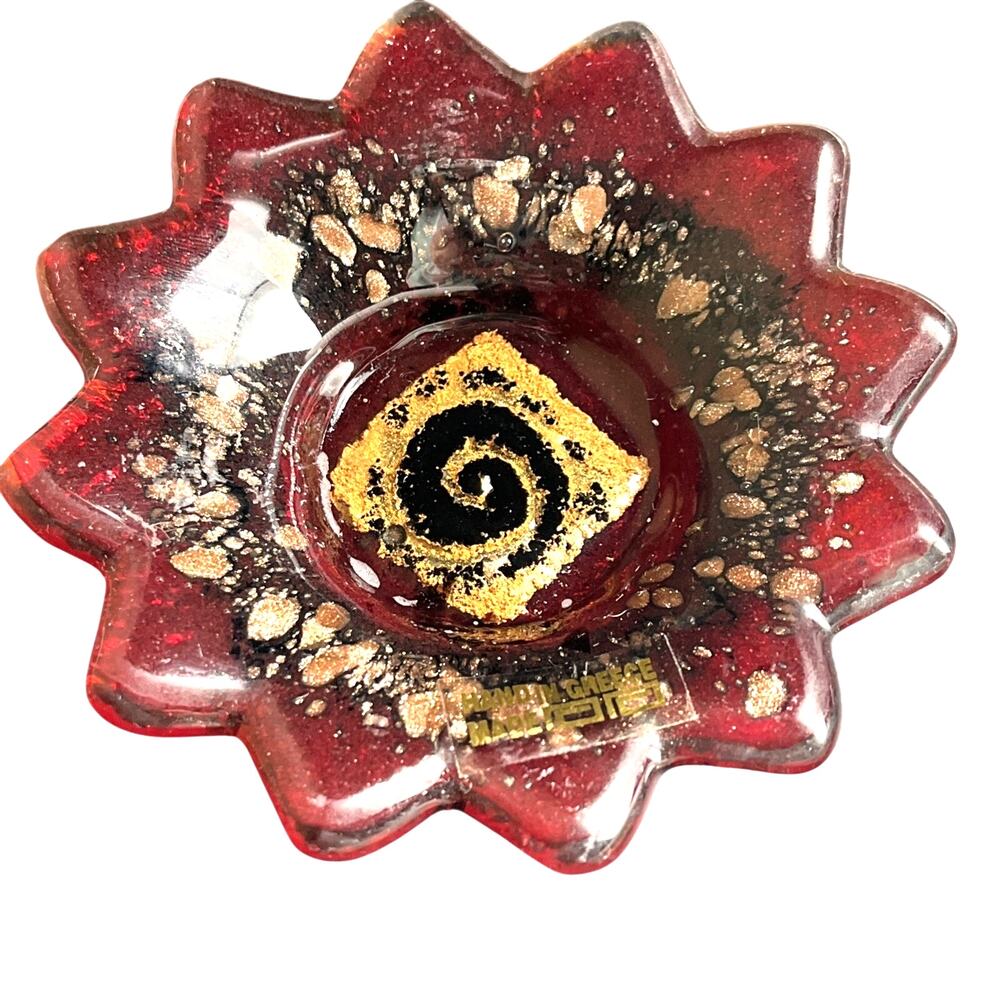 Vintage Mixaha Handmade Glass Dish – Red & Gold Swirl Trinket Plate, Greece